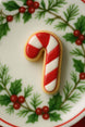 1.75 inch Mini Candy Cane Metal Cookie Cutter shape decorated cookie on a festive holly-patterned plate.