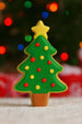 2 inch Mini Tree with Star Metal Cookie Cutter, decorated Christmas tree cookie with colorful ornaments.