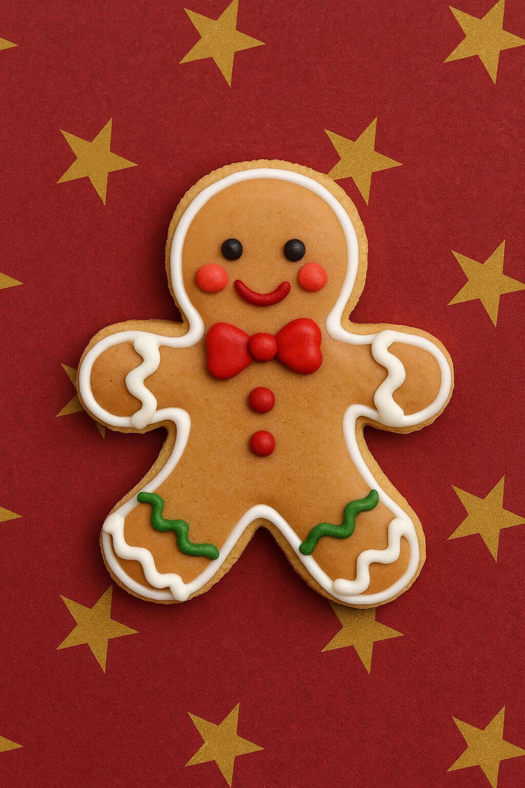 2 inch Mini Gingerbread Boy Metal Cookie Cutter shaped cookie with festive decorations on a star patterned background.