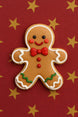 2 inch Mini Gingerbread Boy Metal Cookie Cutter shaped cookie with festive decorations on a star patterned background.