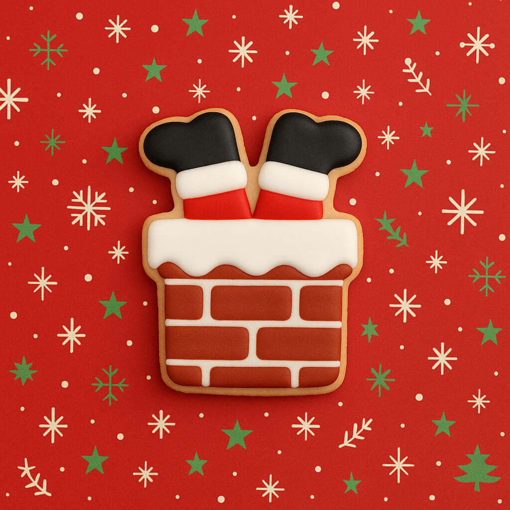 Cookie-shaped like a fireplace with Santa feet ears on a red background with Christmas patterns 2 inch Mini Santa Feet in Chimney Metal Cookie Cutter