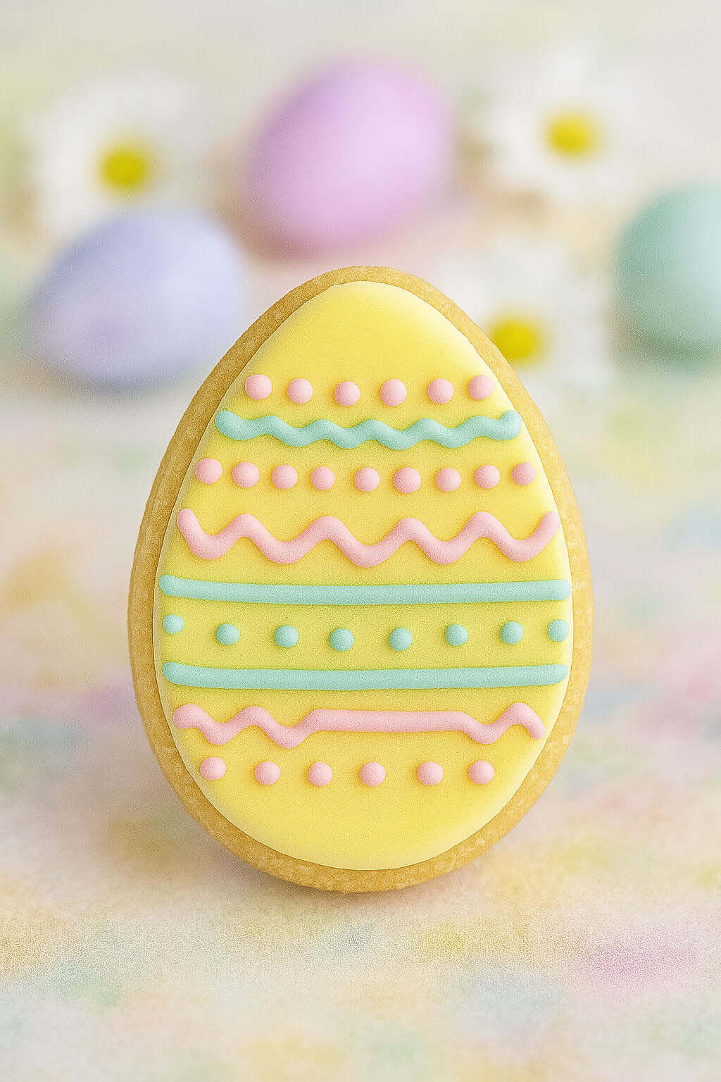 Decorative Easter egg cookie with pastel colors on a soft focus background from a 1.75 inch Mini Easter Egg Metal Cookie Cutter
