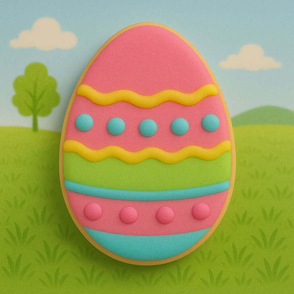 Colorful Easter egg-shaped cookie on a green grass background with a blue sky from a 4 inch Easter Egg Metal Cookie Cutter