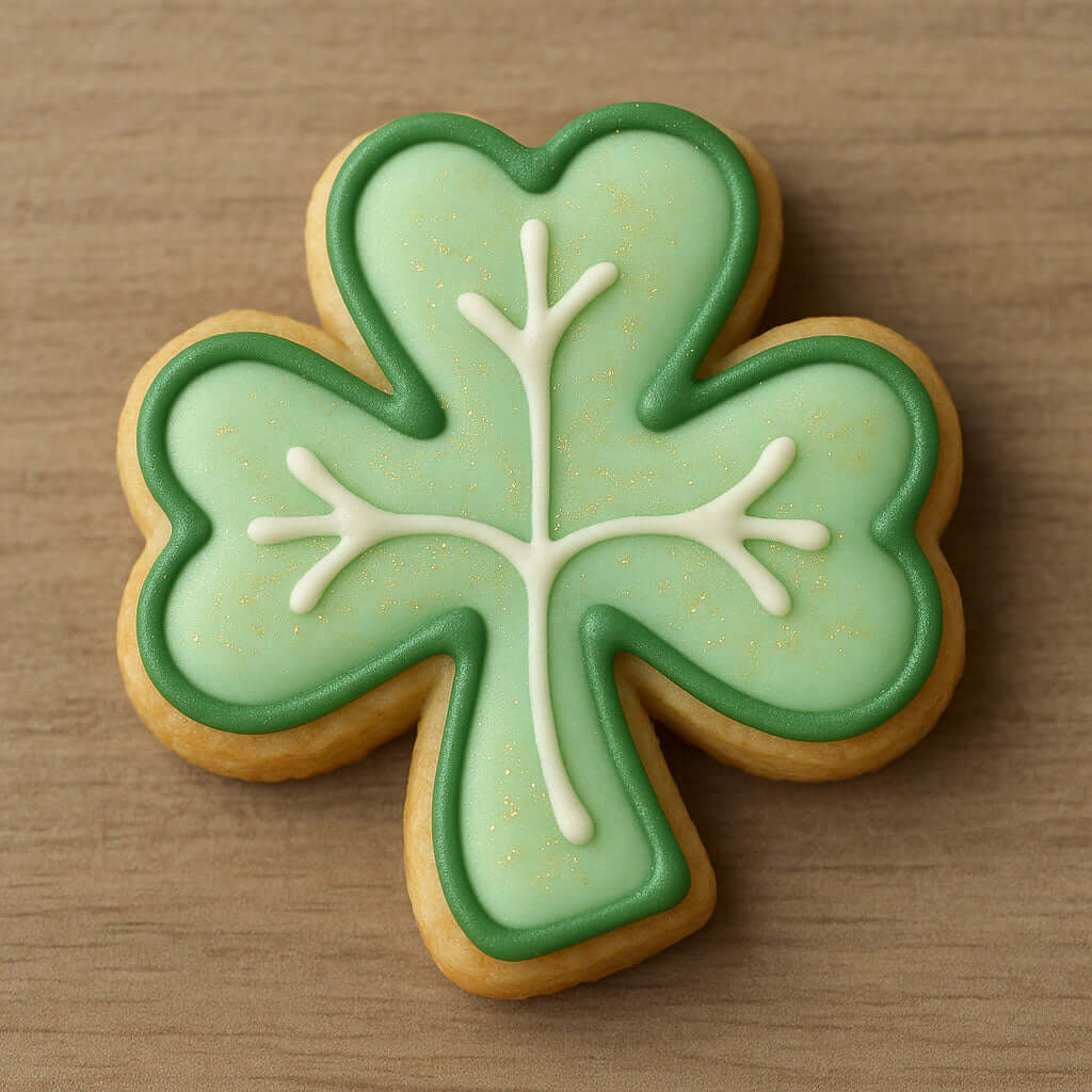 Shaped cookie with green icing and white accents on a wooden surface from a 1.75 inch Mini Shamrock Metal Cookie Cutter