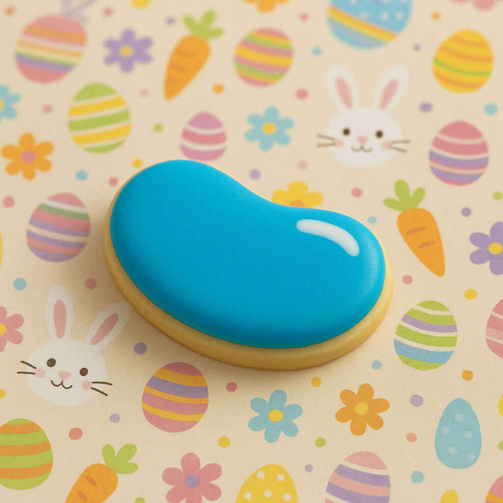 Blue and yellow jellybean on a colorful Easter-themed background from a 3.5 inch Jellybean Metal Cookie Cutter