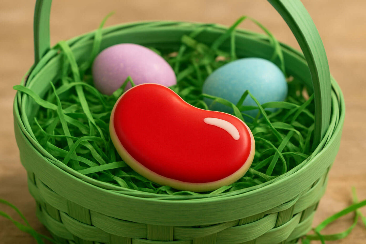 Green Easter basket with a red heart jellybean cookie and two colorful eggs on a wooden surface from a 1.75 inch Mini Jellybean Metal Cookie Cutter