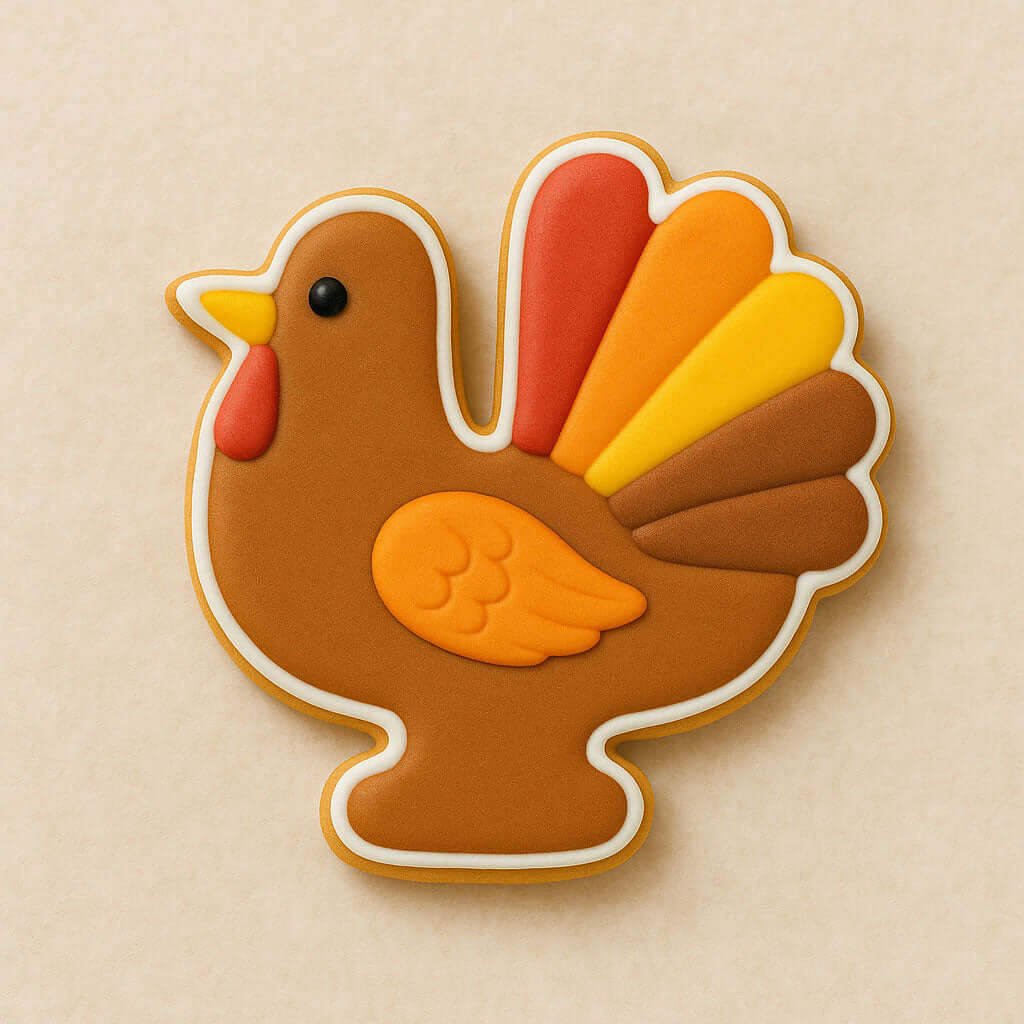 Decorative cookie shaped like a turkey on a beige background from a 2 inch Mini Turkey or Rooster Metal Cookie Cutter