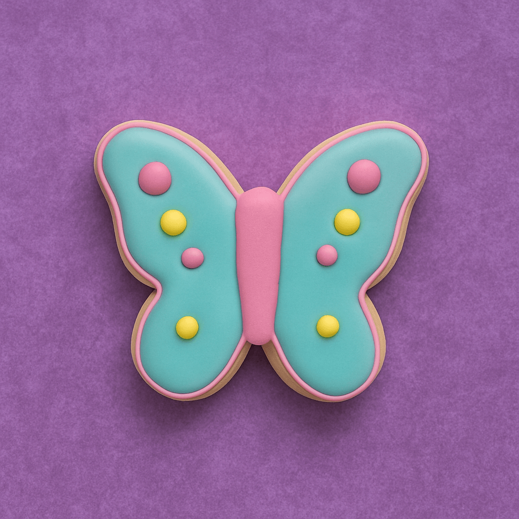 Butterfly-shaped cookie with pink, blue, and yellow icing on a purple background from a 2 inch Mini Butterfly Metal Cookie Cutter