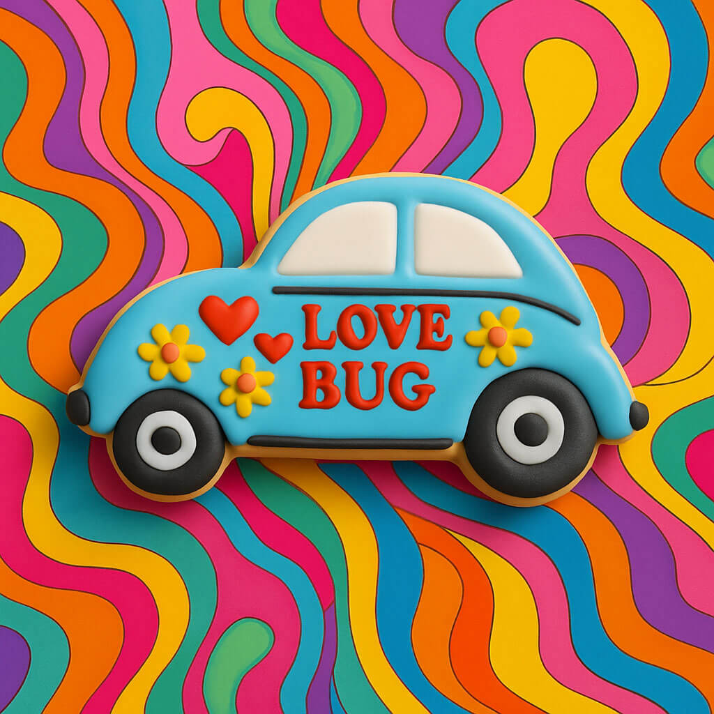 Colorful 'Love Bug' car on a psychedelic background from a 2 inch Mini Compact Car Metal Cookie Cutter