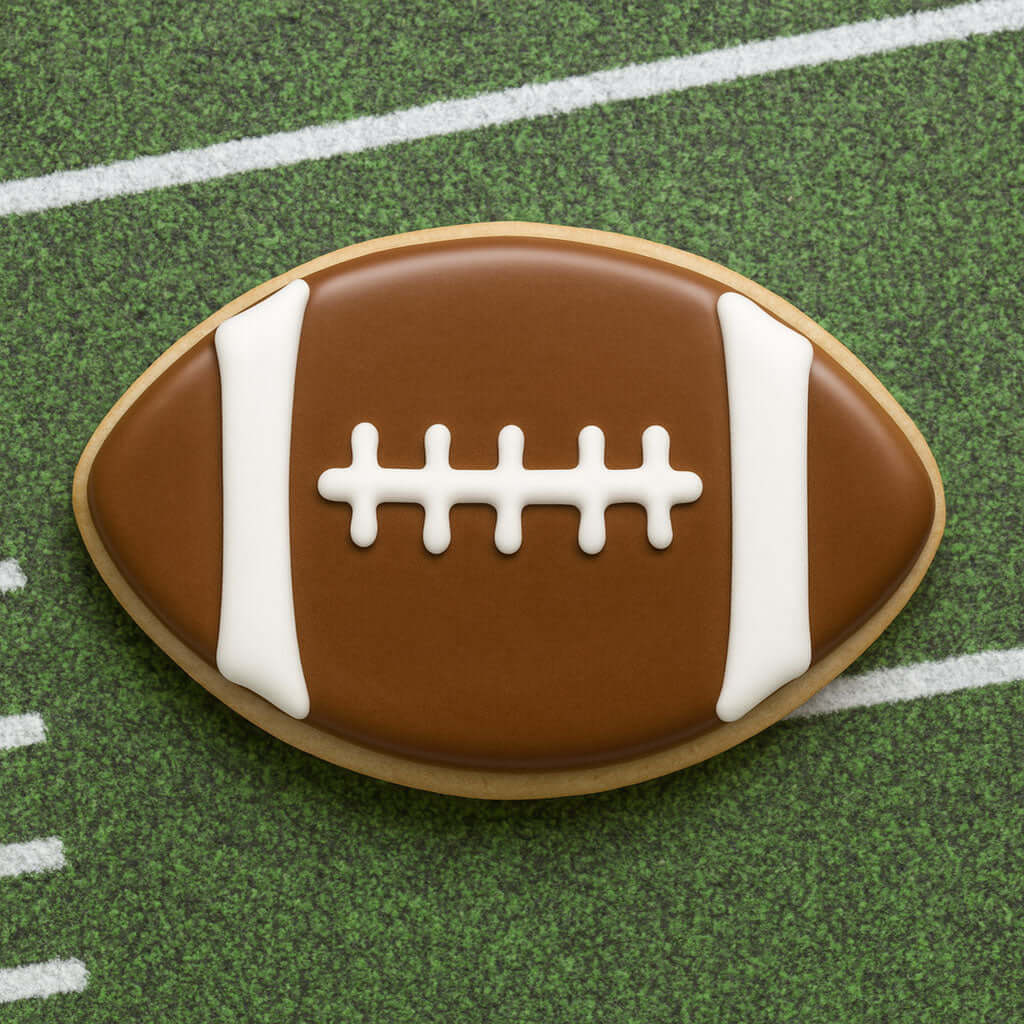 Football-shaped cookie on a green field background for 2 inch Mini Football Metal Cookie Cutter