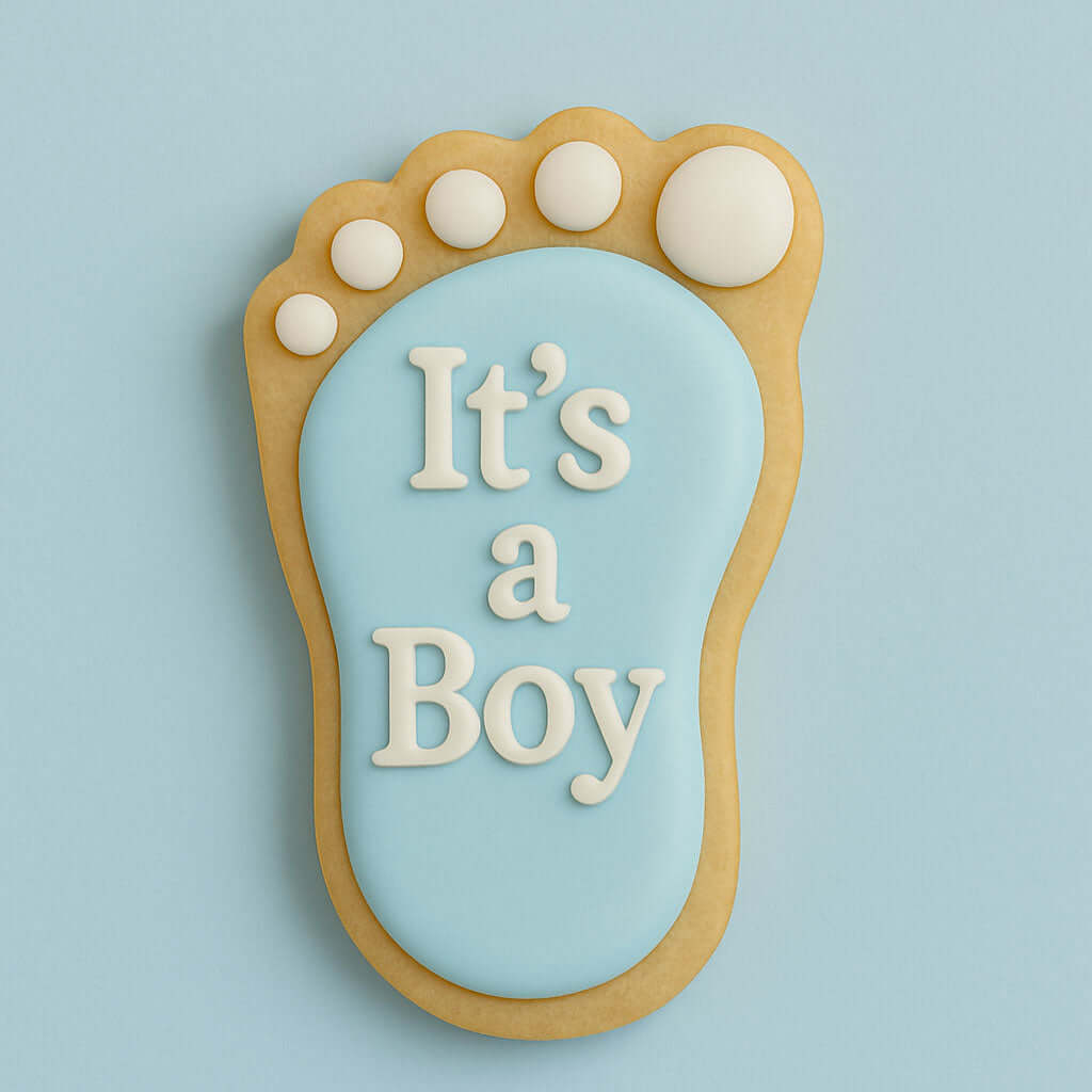 Decorative cookie shaped like a baby footprint with 'It's a Boy' text on a light blue background from a 2 inch Mini Left Foot Metal Cookie Cutter