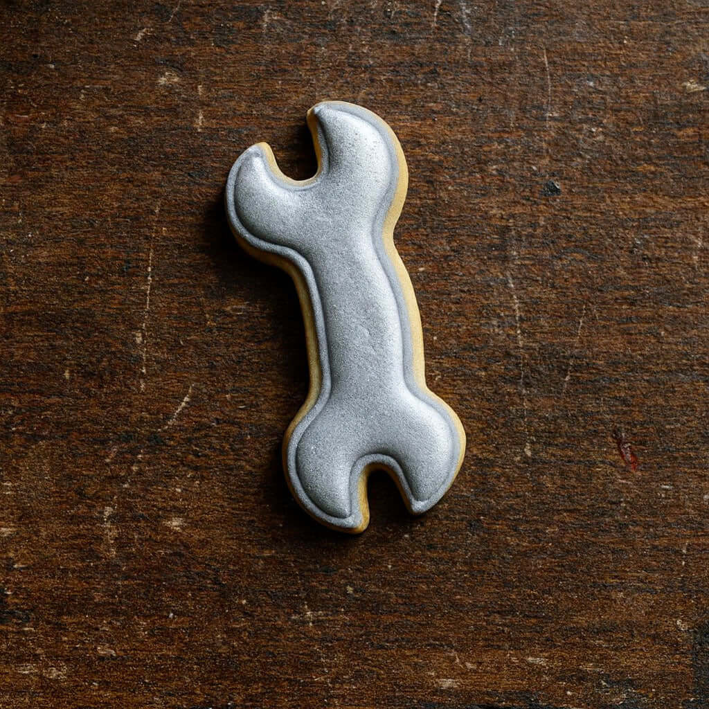 Cookie shaped like a wrench on a wooden surface from a 2 inch Mini Wrench Metal Cookie Cutter