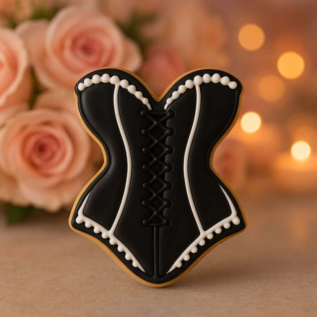 Decorative cookie shaped like a black corset with white details, placed on a surface with pink roses in the background from a 2 inch Mini Corset or Bathing Suit Metal Cookie Cutter