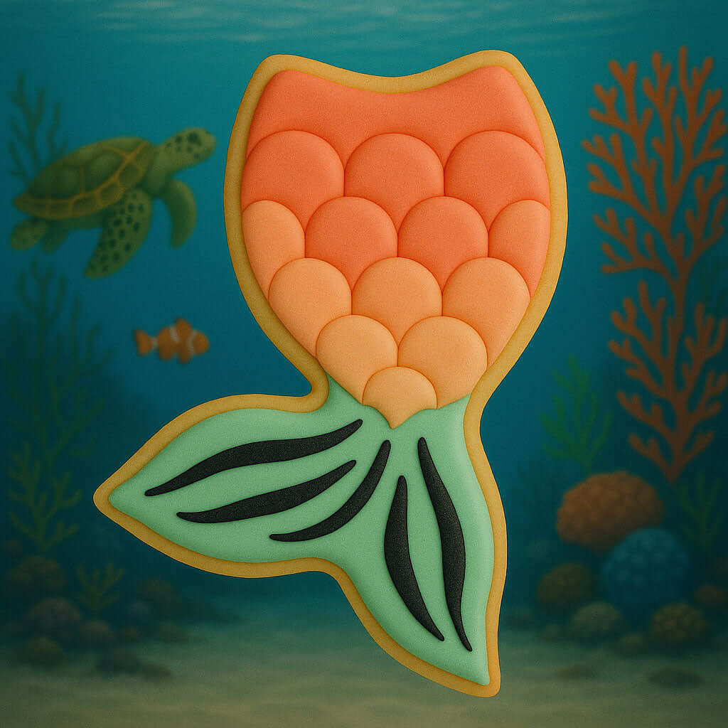 Decorative mermaid tail cookie with an underwater scene background from a 2 inch Mini Mermaid Tail Metal Cookie Cutter