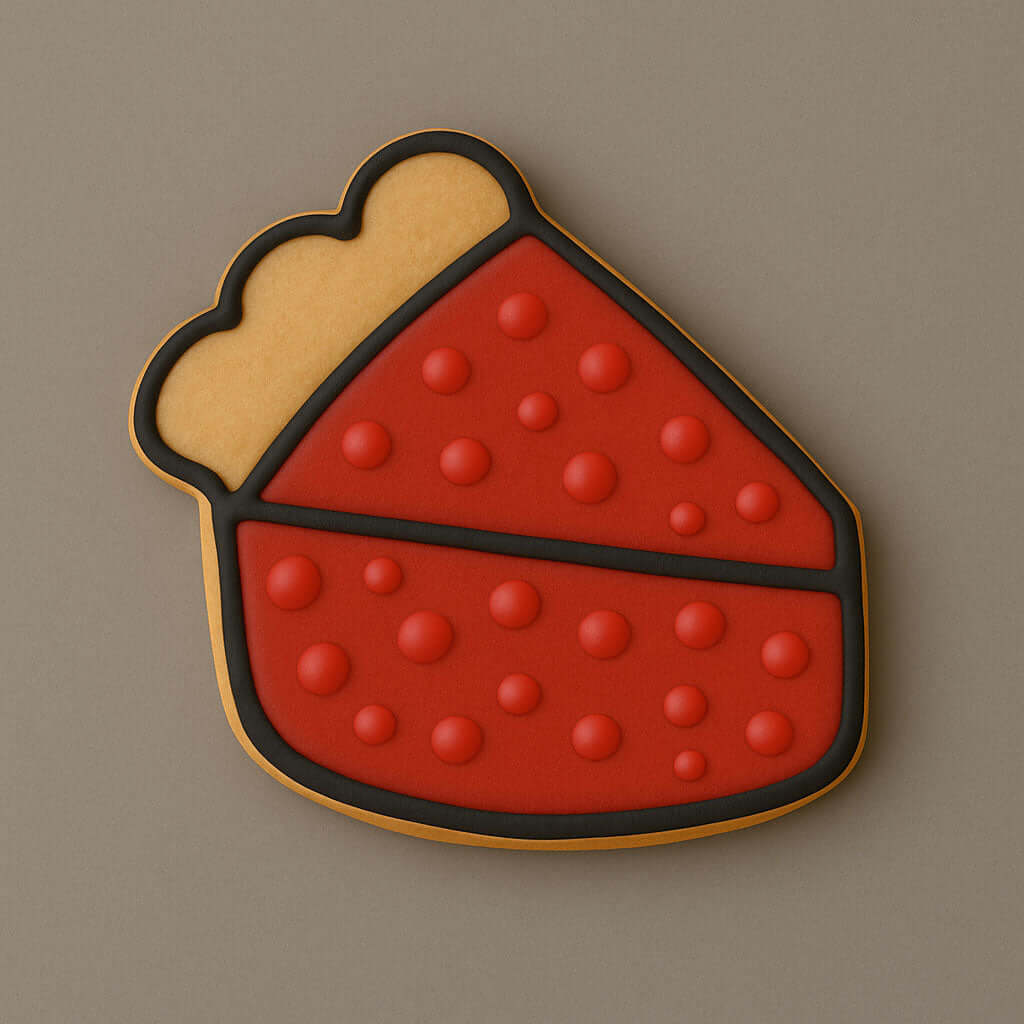 Cookie with red and yellow design on a brown background from our 2 Inch Mini Slice of Pie Metal Cookie Cutter