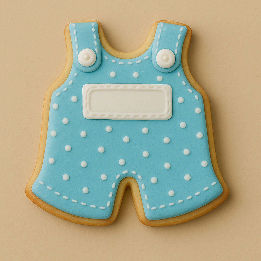 Cookie shaped like a blue polka dot romper with white buttons on a beige background from a 2 inch Mini Baby Overalls Metal Cookie Cutter