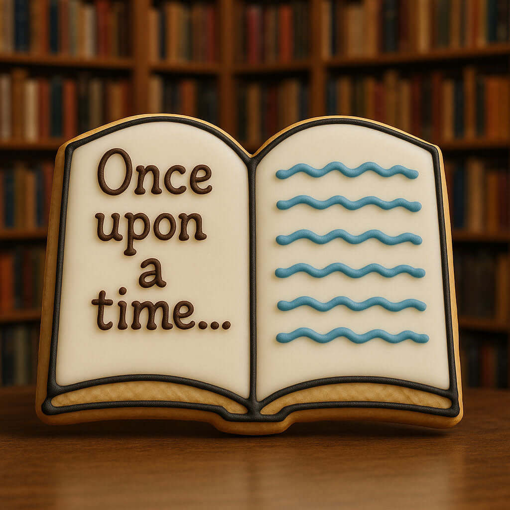Cookie shaped like an open book with 'Once upon a time...' text against a bookshelf background for a 4.25 inch Open Book Metal Cookie Cutter