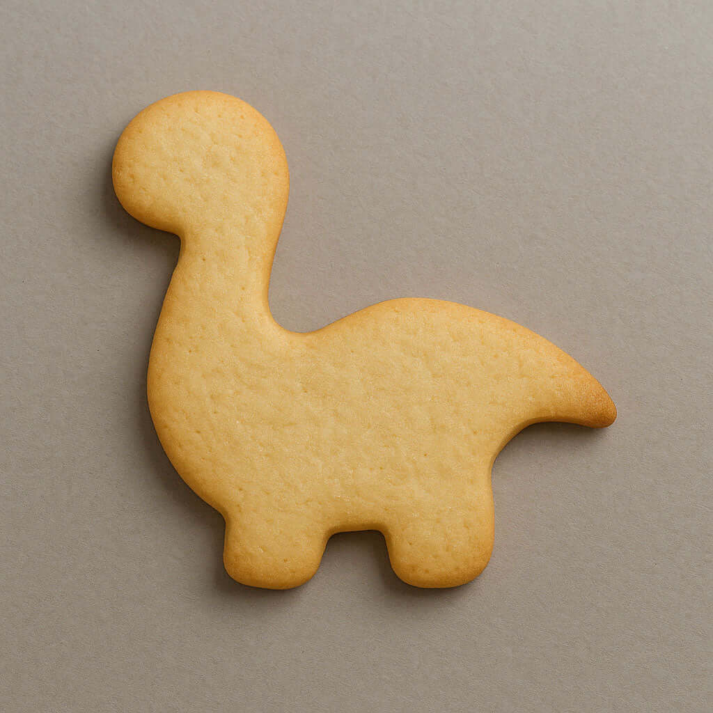 4 inch Brontosaurus Metal Cookie Cutter cookie shaped like a dinosaur on a gray background.