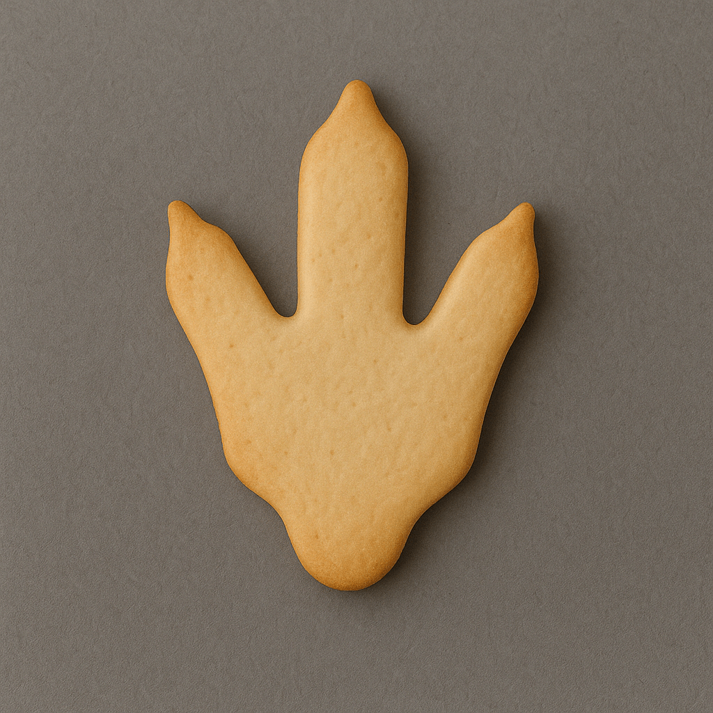 Plain Dinosaur footprint cookie on a gray background from a 4 inch Dinosaur Foot Print Metal Cookie Cutter