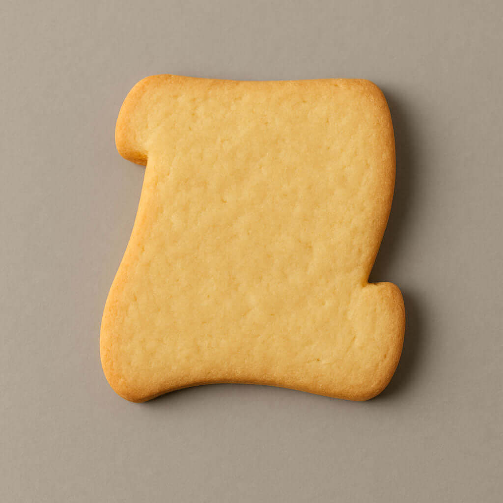 Plain scroll-shaped cookie on a gray background from a 5 inch Santa Nice Naughty Scroll Metal Cookie Cutter