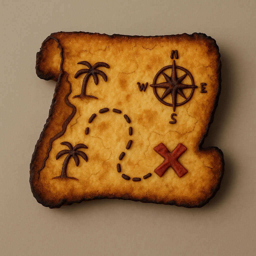 Pirate treasure map cookie with compass, palm trees, and X on a beige background from a 5 inch Santa Nice Naughty Scroll Metal Cookie Cutter