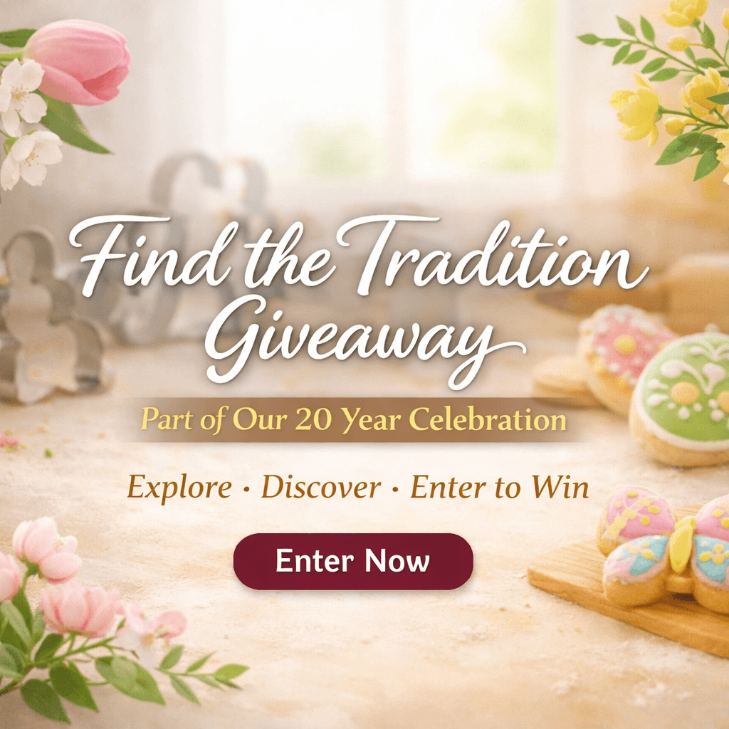 April in Bloom Celebrate Spring with Our Find the Tradition Giveaway banner featuring flowers and colorful cookies.