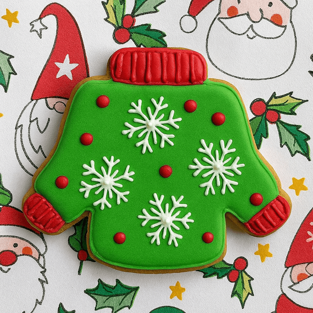 Warm Holiday Wishes from American Tradition Cookie Cutters - festive green sweater cookie with snowflakes and red accents.