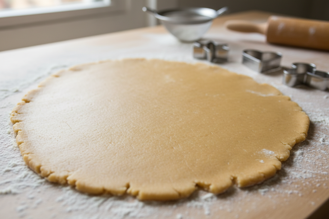 The Gentle Art of Cookie Making: dough ready for cutting with cookie cutters on a wooden surface.