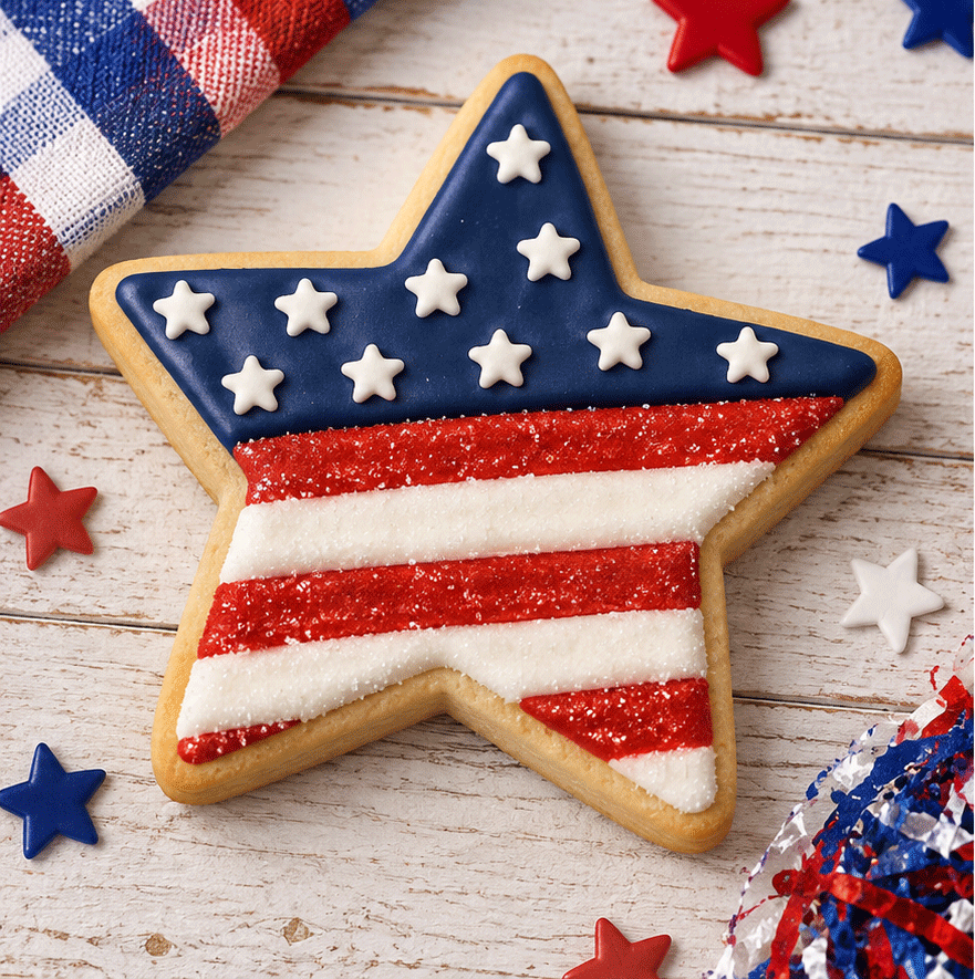 Star cookie decorated with a flag design from a 1.75 inch Star Metal Cookie Cutter