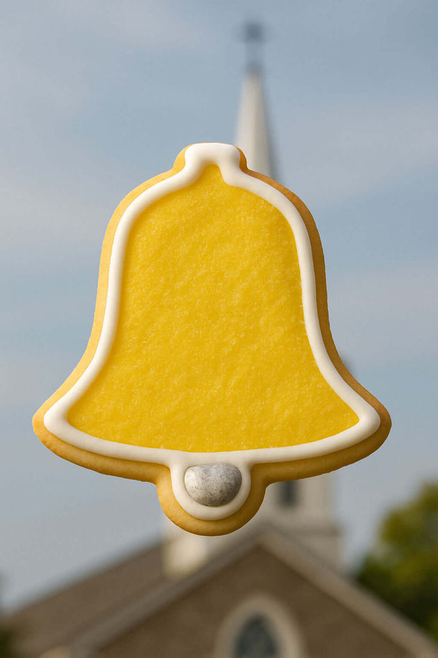 2.25 inch Bell Metal Cookie Cutter shaped yellow cookie with white icing against a church background.