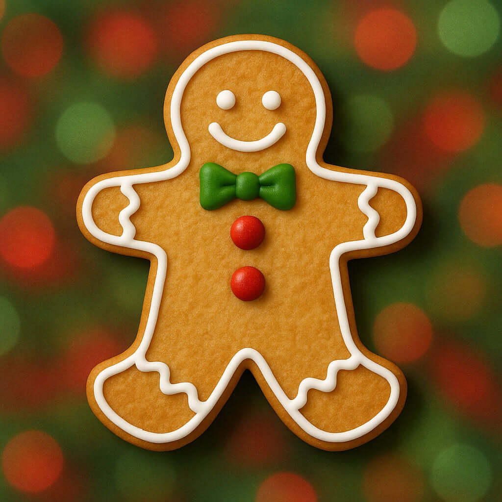 5 inch Gingerbread Boy Metal Cookie Cutter shaped gingerbread cookie decorated with a green bow tie and red buttons.