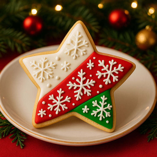 2.5 inch Star Metal Cookie Cutter decorated cookie on a plate with red, white, and green icing and snowflake designs.