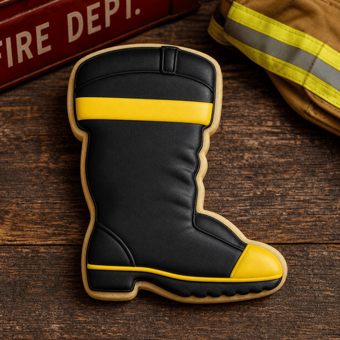 Cookie shaped like a firefighter boot with black and yellow colors on a wooden surface made from a 4 inch Santa or Fireman Boot Metal Cookie Cutter