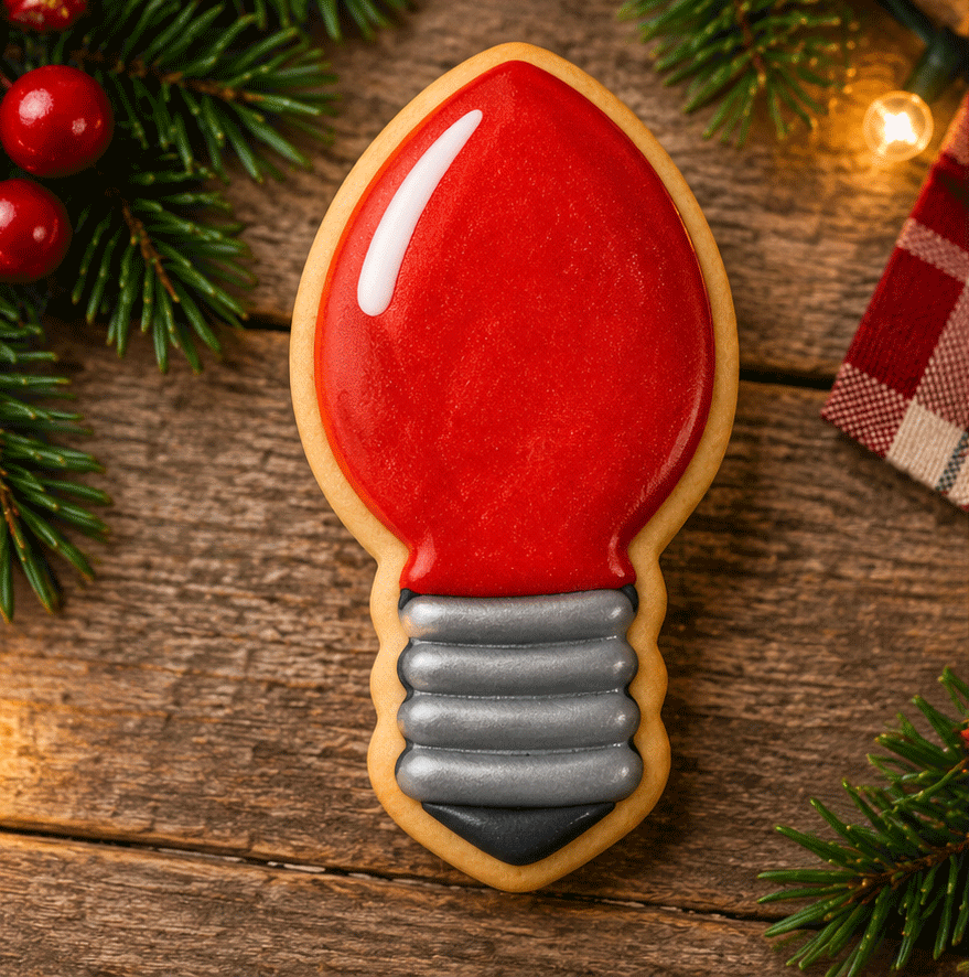 Red Christmas light bulb cookie on Christmas background from a 4.5 inch Light Bulb Metal Cookie Cutter