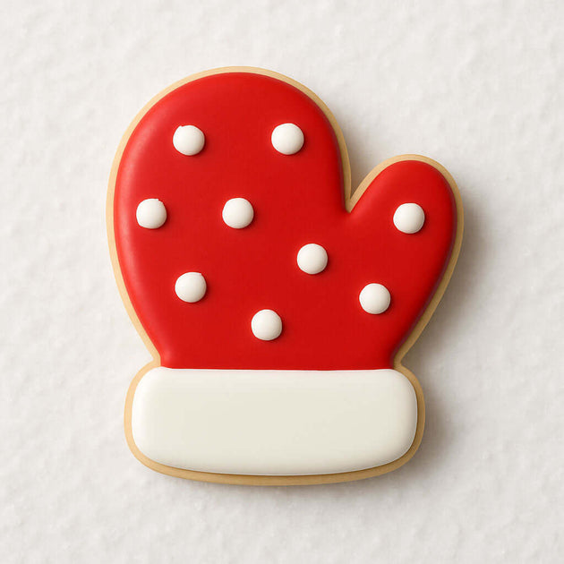 3.5 inch Mitten Metal Cookie Cutter shaped red and white cookie with polka dots, perfect for festive baking.