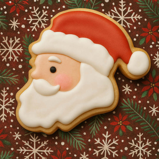 4 inch Santa Face Metal Cookie Cutter shaped cookie decorated with red and white icing on festive background.