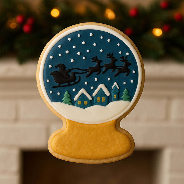 3.5 inch Snow Globe Metal Cookie Cutter shaped cookie with a holiday design featuring Santa and reindeer.