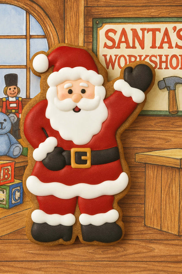 3.75 inch Waving Santa Metal Cookie Cutter with colorful icing design and festive background in Santa's workshop.