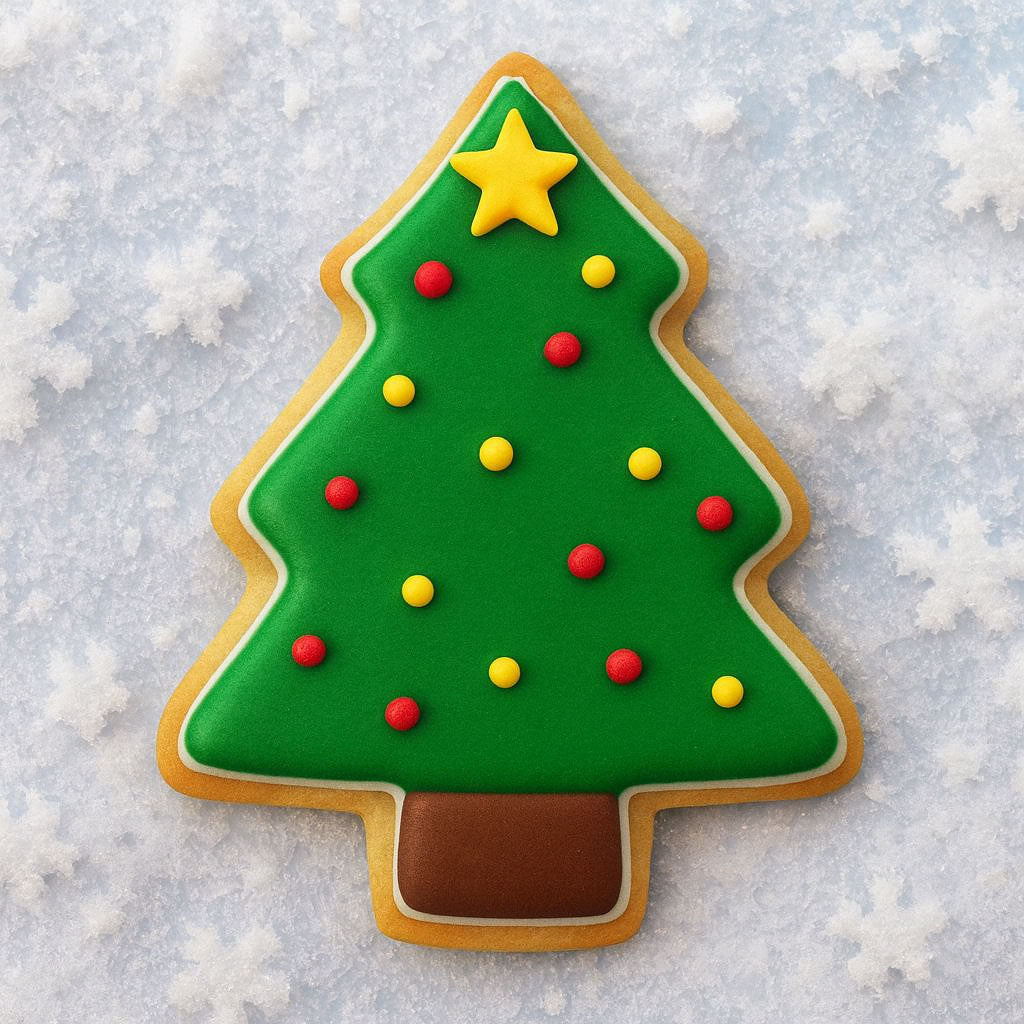 Christmas tree-shaped cookie with green icing, red and yellow decorations on a snowy background from a 3.5 inch Christmas Tree Metal Cookie Cutter