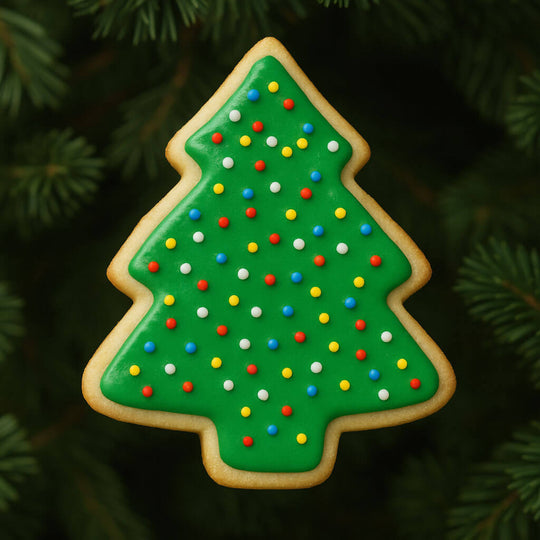 3.5 inch Christmas Tree Metal Cookie Cutter decorated cookie with green icing and colorful sprinkles