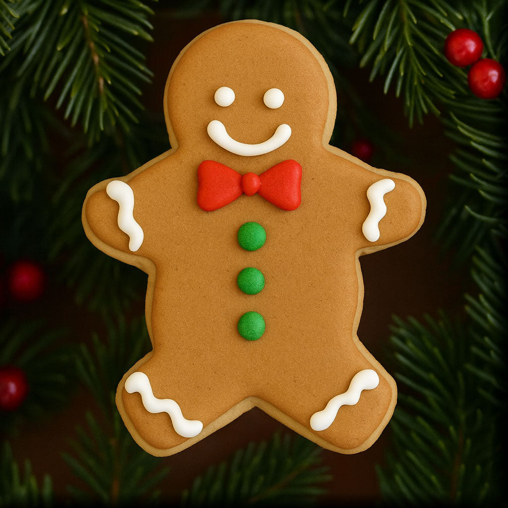 Decorative gingerbread man cookie with a red bow tie on a green leaf background from a 3.5 inch Gingerbread Boy Metal Cookie Cutter