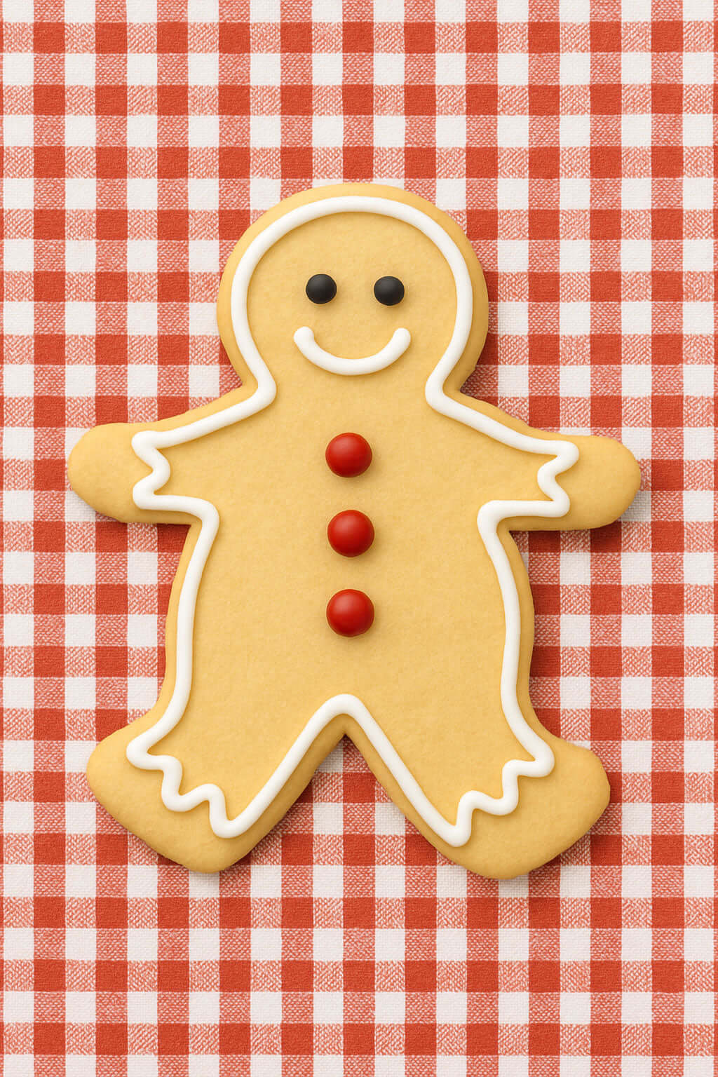 5 inch Gingerbread Boy Metal Cookie Cutter shaped cookie on a red and white checkered tablecloth.