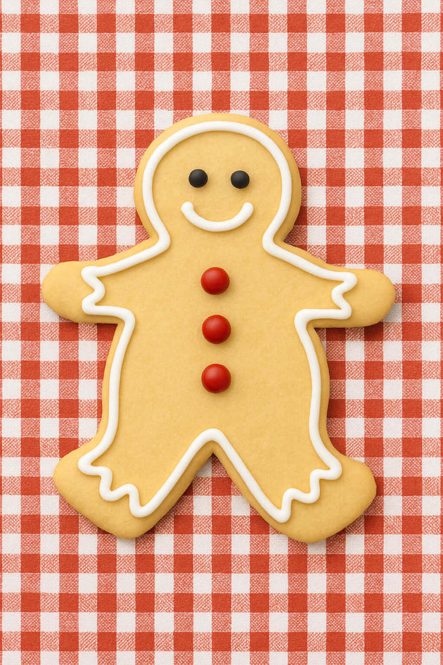 5 inch Gingerbread Boy Metal Cookie Cutter shaped cookie on a red and white checkered tablecloth.