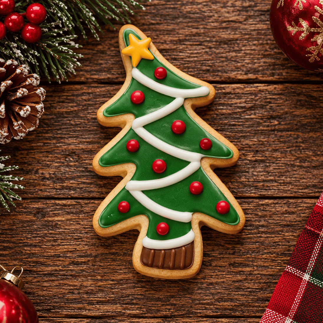 A decorated cookie from a 3 inch Folk Tree Metal Cookie Cutter