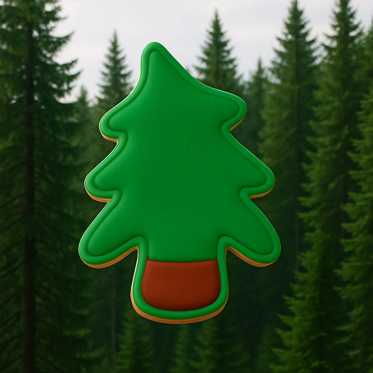3 inch Folk Tree Metal Cookie Cutter shaped cookie decorated in green with a brown base against a forest backdrop.