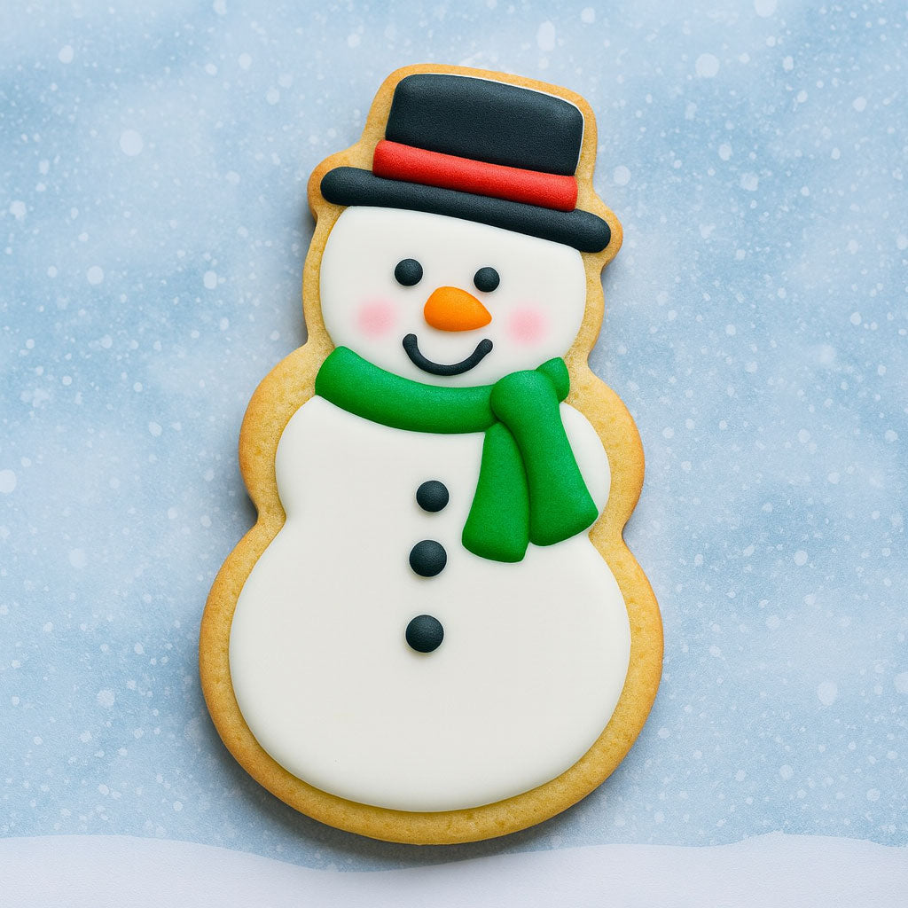 Snowman-shaped cookie with a blue background from a 4 inch Snowman Metal Cookie Cutter