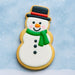 Snowman-shaped cookie with a blue background from a 4 inch Snowman Metal Cookie Cutter