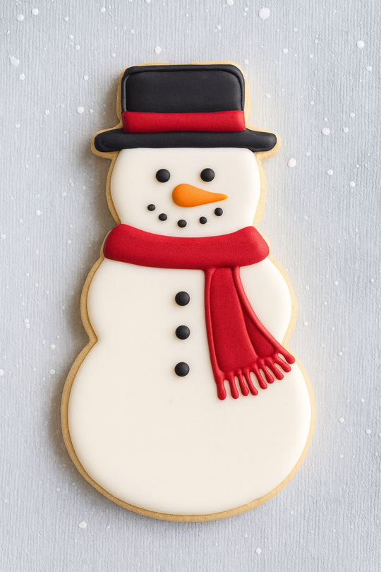 Decorative snowman cookie with a black hat, red scarf, and white face on a light gray background from a 5 inch Snowman Metal Cookie Cutter