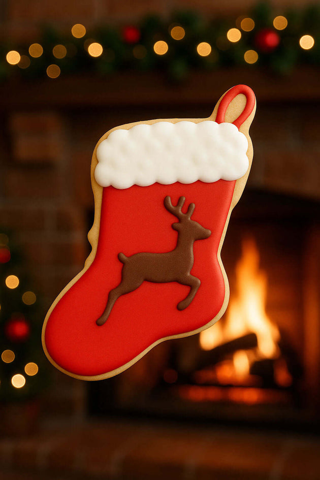 4 inch Stocking Metal Cookie Cutter shaped cookie decorated with red and white frosting, featuring a reindeer design.