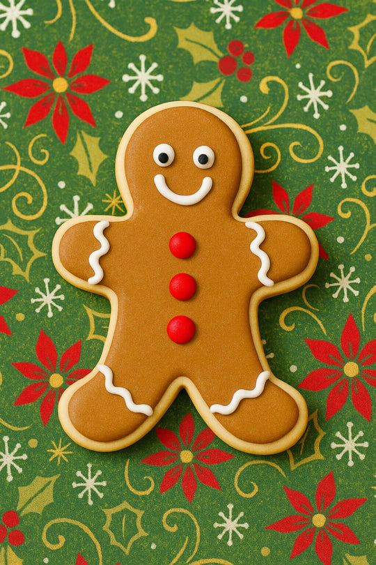 3.5 inch Folk Gingerbread Boy Metal Cookie Cutter shaped cookie decorated with icing on holiday pattern backdrop.